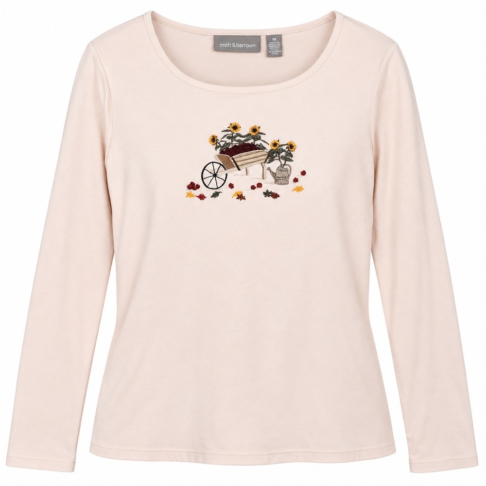 Croft & Barrow Embroidered Fall Top Womens M Cream Excellent Autumn Sunflower